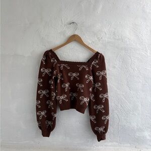 Willow & Wind brown Balloon Sleeves Cropped Sweater Top